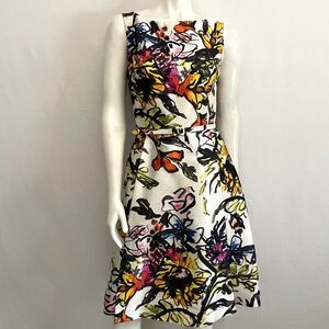 Oscar de la Renta White Midi Dress with Multicolor Floral Print